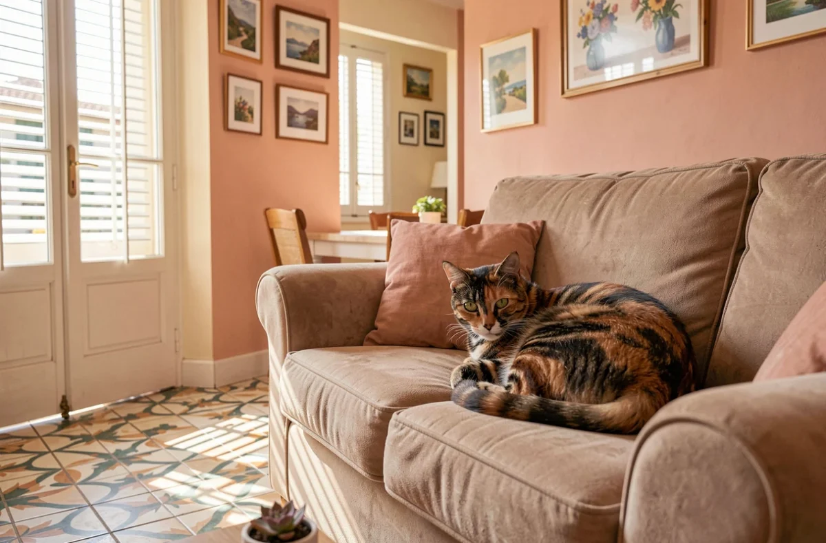 Un chat écaille de tortue lovė sur un canapé moelleux dans l'appartement niçois chaleureux du service Like Home à Nice