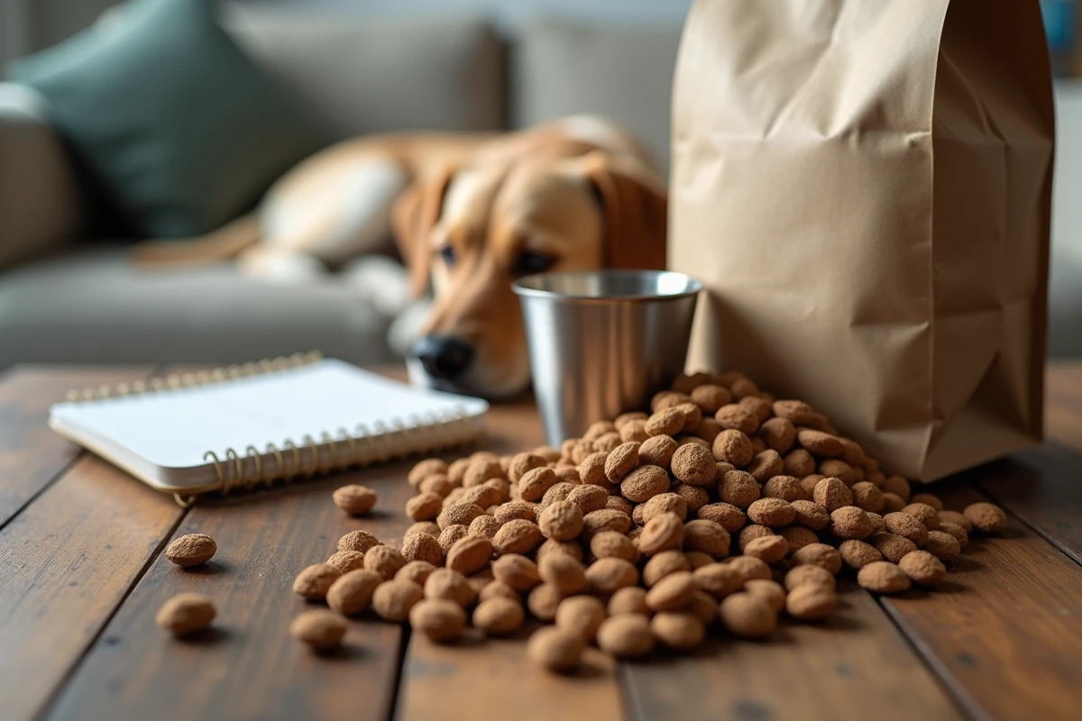 Vue macro de croquettes premium éparpillées sur une table en bois avec un carnet d'avis et un sac d'alimentation naturelle