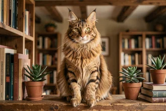 Maine Coon majestueux aux poils touffus posé sur une étagère en bois dans un intérieur cosy, illustrant les races de chats