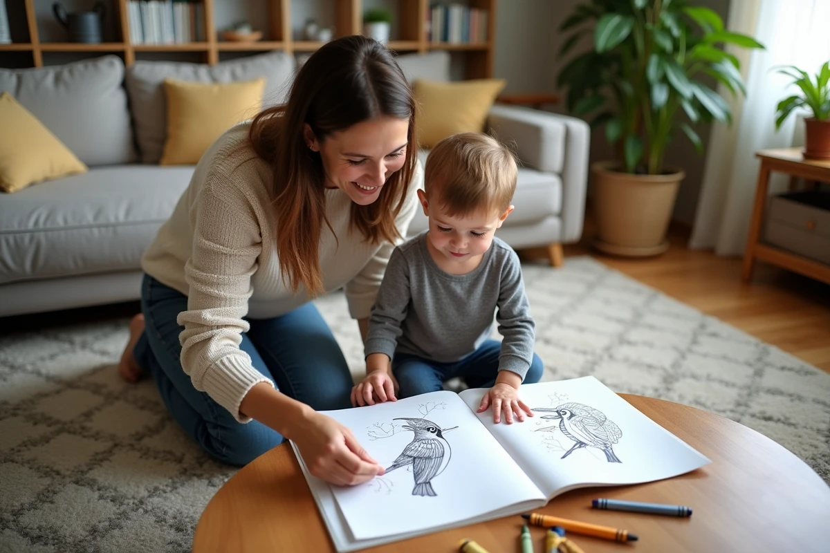 Maman et enfant créant un livret de coloriages d