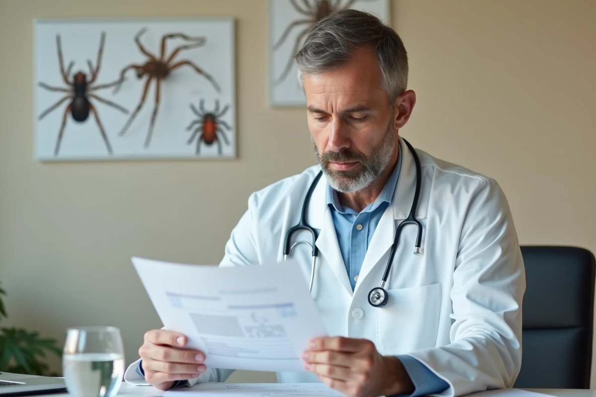 Médecin généraliste consultant un dossier médical sur les morsures d'araignées dans un cabinet médical en France