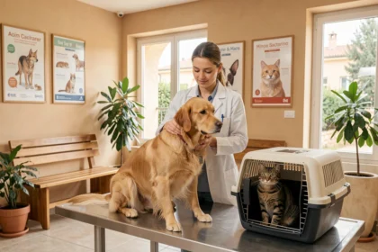 Clinique vétérinaire moderne en Haute-Garonne avec vétérinaire examinant un chien et un chat en salle d'attente