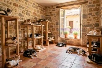 Vue d'ensemble d'une pension pour chats en Provence avec plusieurs chats détendus dans un espace intérieur en pierre typique du sud de la France
