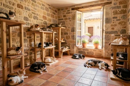 Vue d'ensemble d'une pension pour chats en Provence avec plusieurs chats détendus dans un espace intérieur en pierre typique du sud de la France