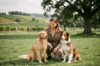 Une éducatrice canine professionnelle en Gironde travaillant avec plusieurs chiens dans un parc verdoyant entouré de vignobles