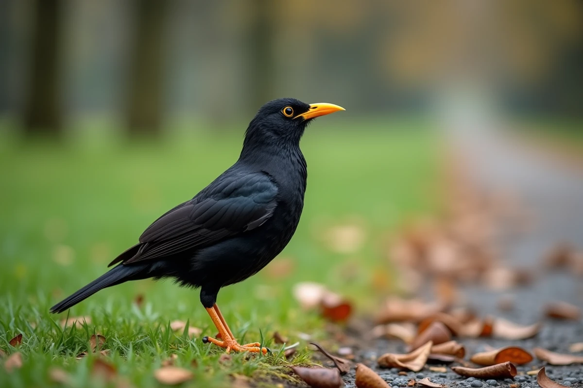 Merle noir mâle au sol dans un parc urbain français en automne, bec orange vif et plumage brillant