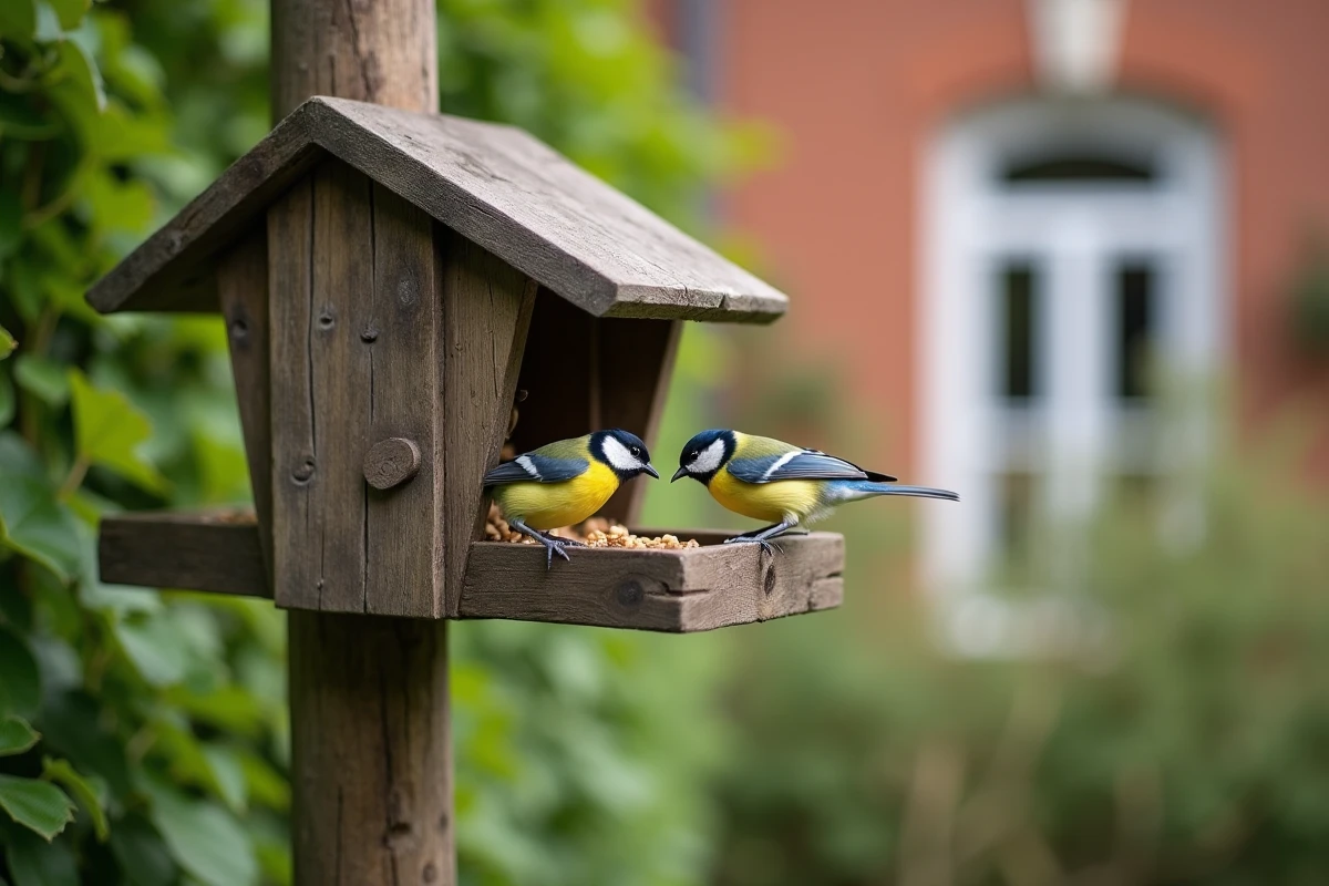 Mésange charbonnière et mésange bleue se nourrissant à une mangeoire en bois dans un jardin de banlieue française