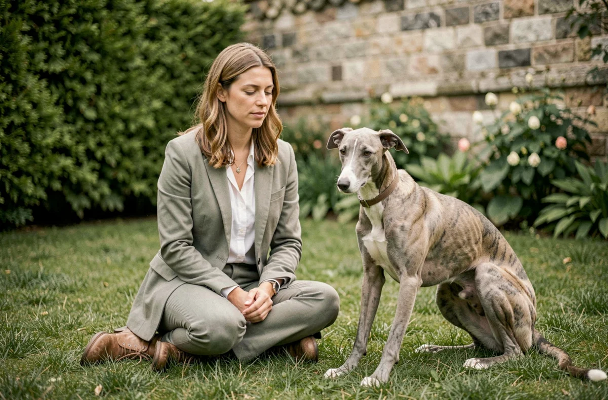 Mirra, comportementaliste canine en Gironde, accompagnant un lévrier anxieux lors d'une thérapie comportementale dans un jardin calme