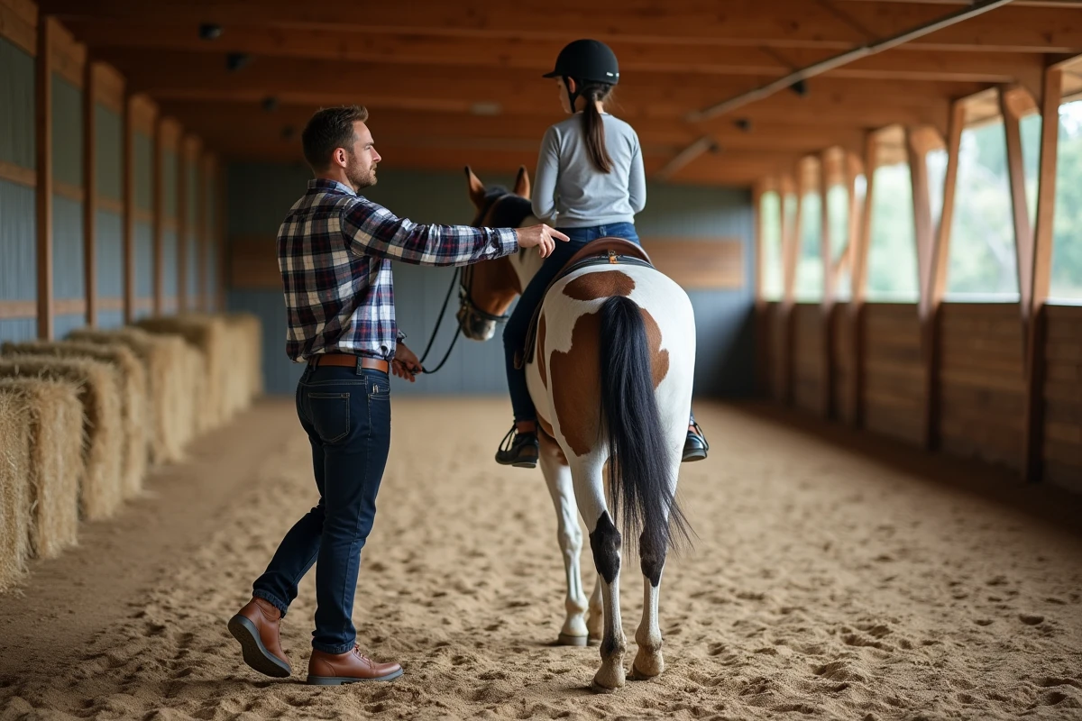Moniteur d'équitation enseignant à un cavalier débutant monté sur un cheval Appaloosa dans un manège couvert en bois
