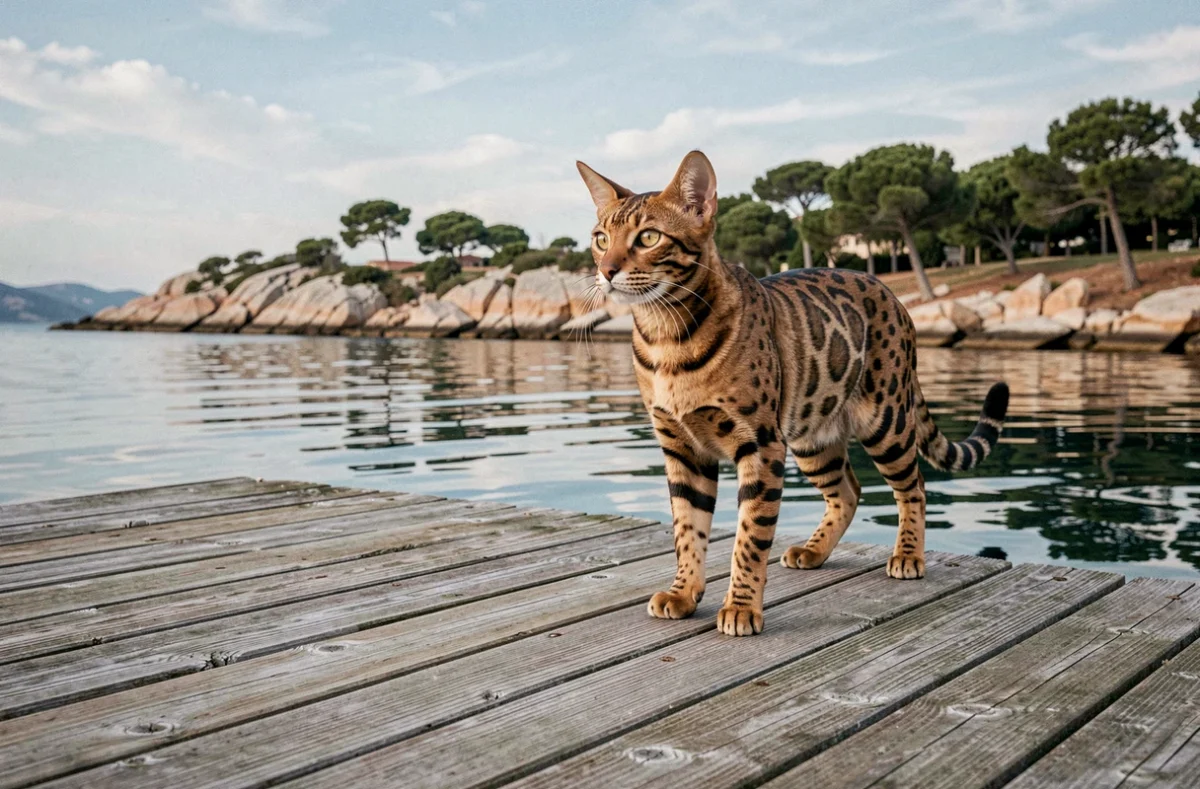 Chat Bengal athlétique aux marques rosettes prononcées debout sur un ponton en bois face à une baie méditerranéenne calme