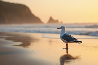 Mouette solitaire sur la plage au lever du soleil