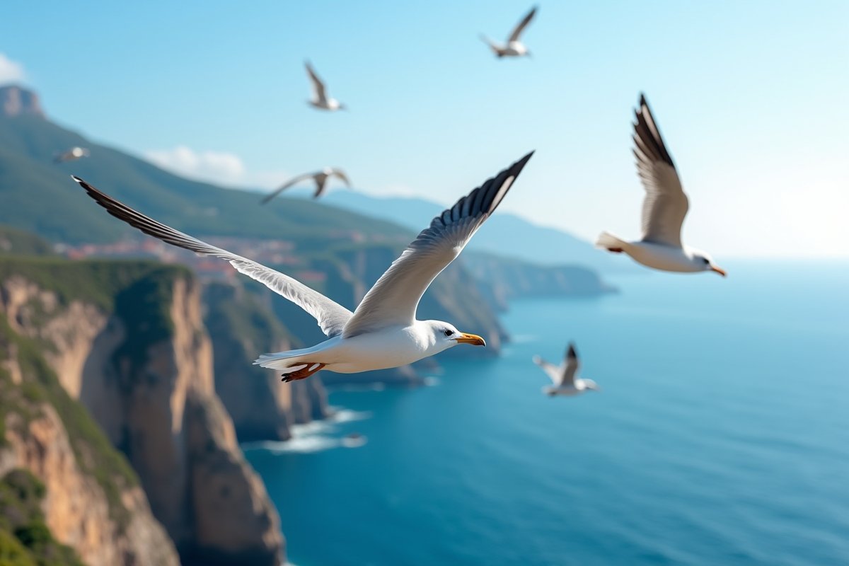 Groupe de mouettes en vol au-dessus des falaises rocheuses