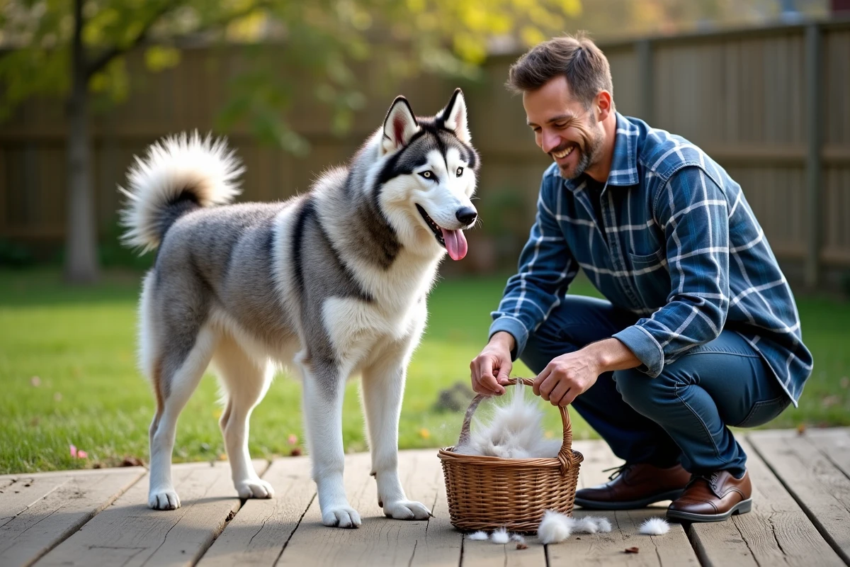 Propriétaire utilisant un râteau de déshedding sur un Husky de Sibérie en pleine mue dans un jardin