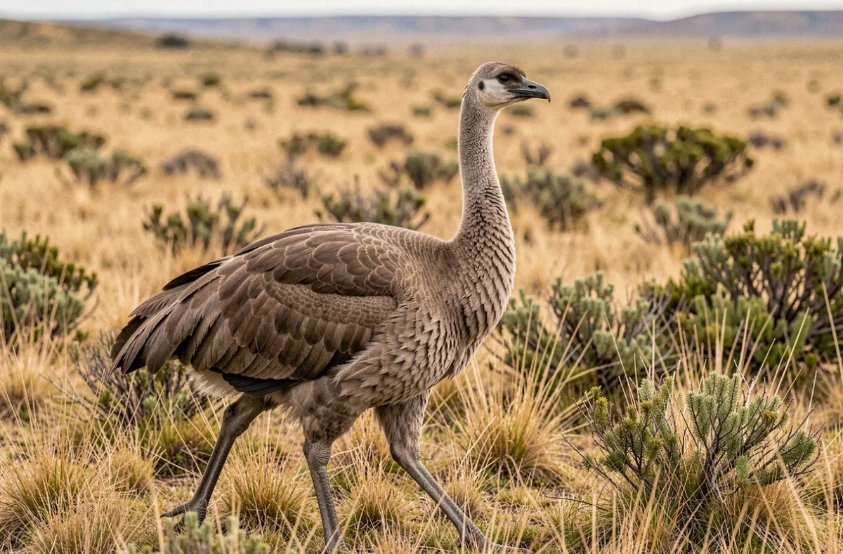 Nandou marchant dans la steppe patagonienne, grand oiseau coureur d'Amérique du Sud au plumage gris-brun