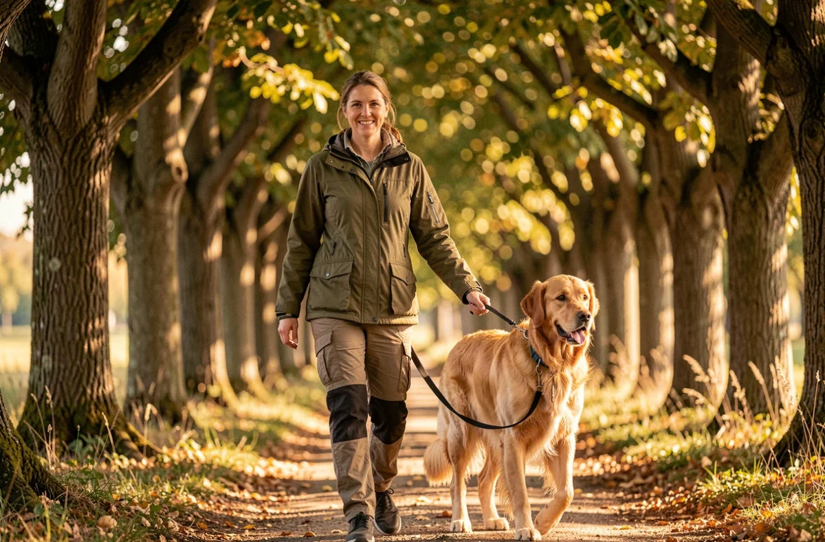 Nathalie Beaudru, éducatrice canine, se promenant avec un golden retriever sur un chemin boisé en Gironde