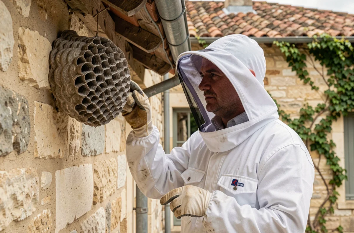 Spécialiste en désinsectisation en combinaison de protection inspectant un grand nid de frelons noirs sous l'avant-toit d'une maison en pierre