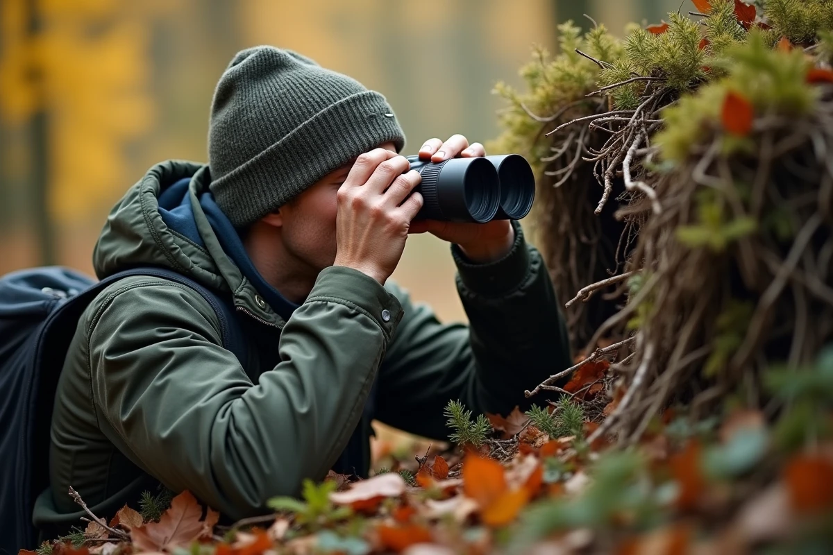 Observateur de la nature en tenue camouflage utilisant des jumelles depuis une affût naturel en forêt pendant la période du brame