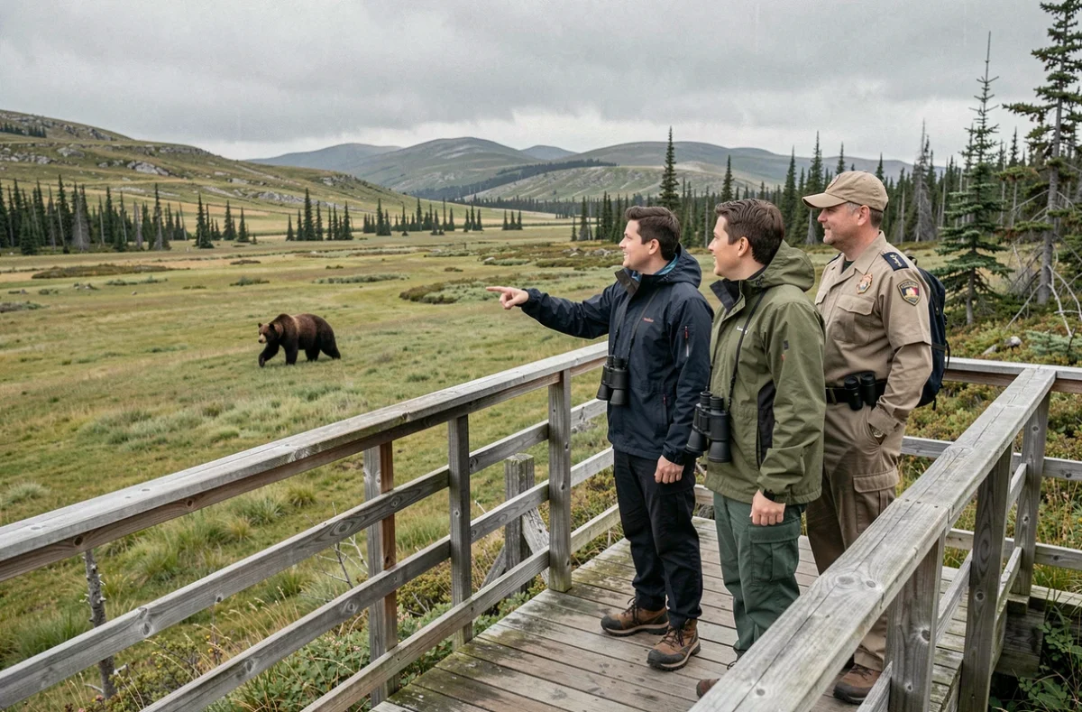 Touristes observant un ours kodiak depuis une plateforme sécurisée en Alaska avec un guide