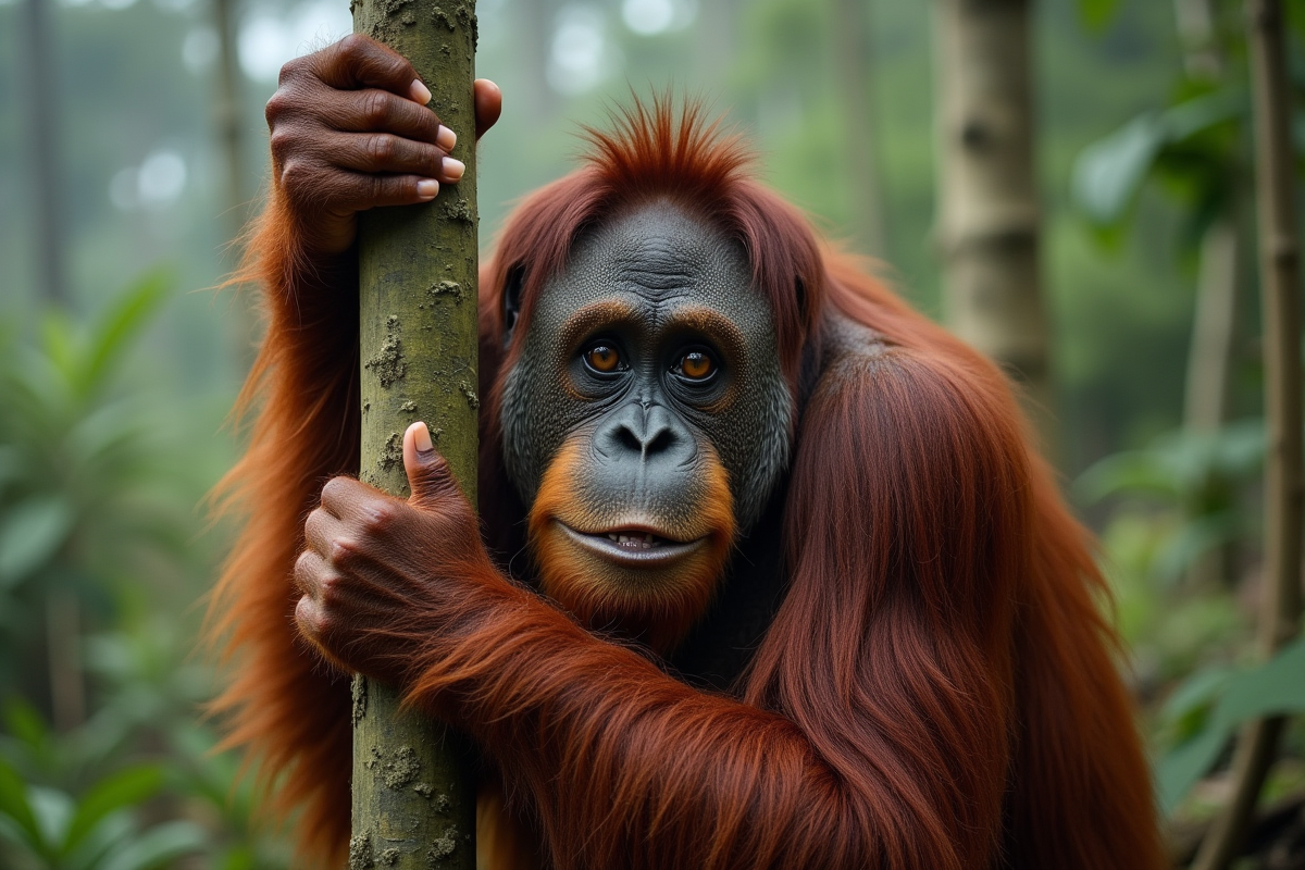 Orang-outan mâle dans une forêt dégradée