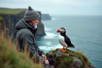 Ornithologue islandais observant un puffin sur la côte