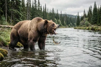 Ours kodiak adulte en train de pêcher le saumon dans une rivière sauvage d'Alaska