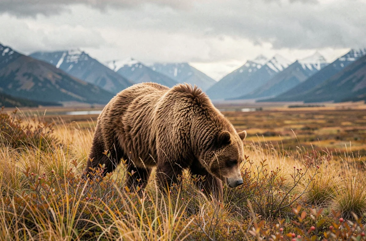 Ours kodiak solitaire se nourrissant dans la toundra dorée d'automne en Alaska avec des montagnes enneigées en arrière-plan