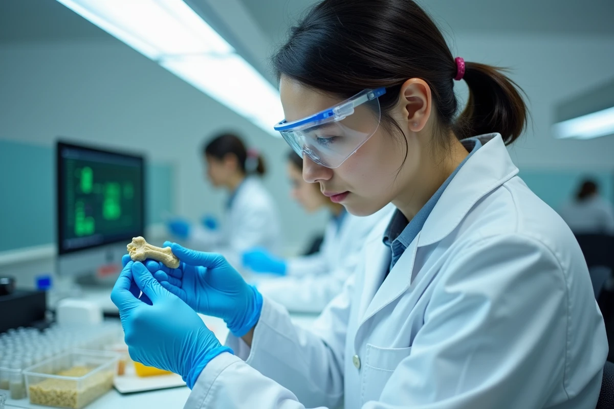 Paléogénéticienne analysant un fragment d'os de mammouth dans un laboratoire de génomique moderne