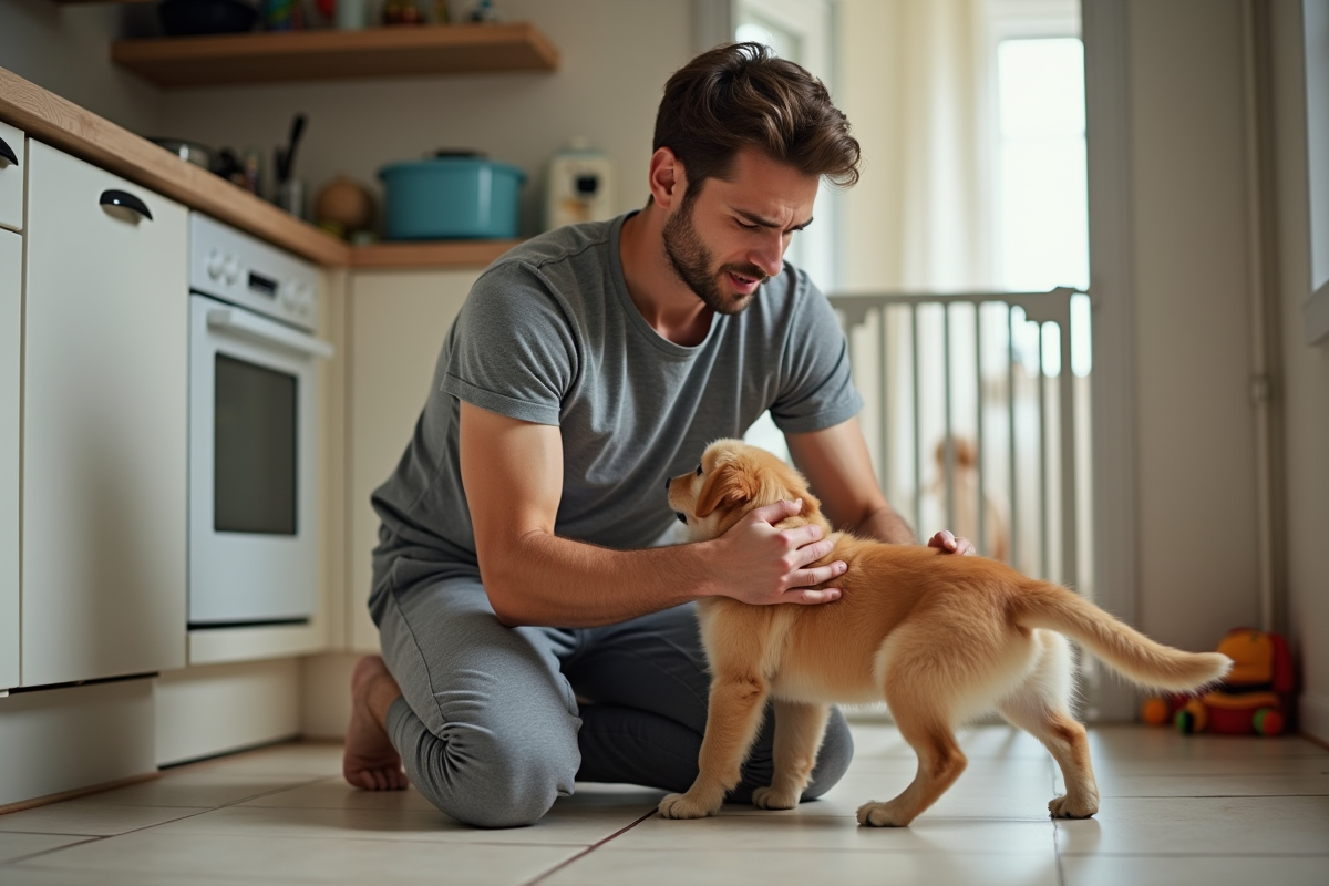Pere avec un chiot dans la cuisine en difficulté