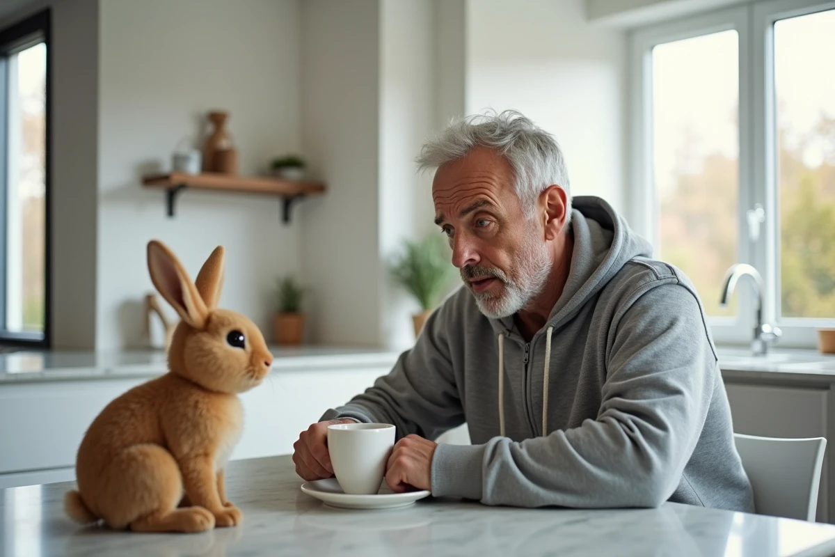 Pere inquiet avec jouet lapin dans une cuisine lumineuse