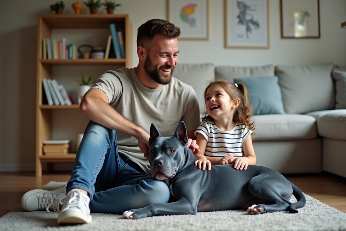 Père et fille avec un chien dans le salon