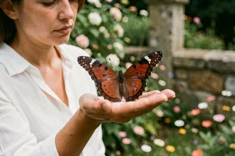 Femme contemplative tenant un papillon rouge et noir sur sa paume dans un jardin verdoyant