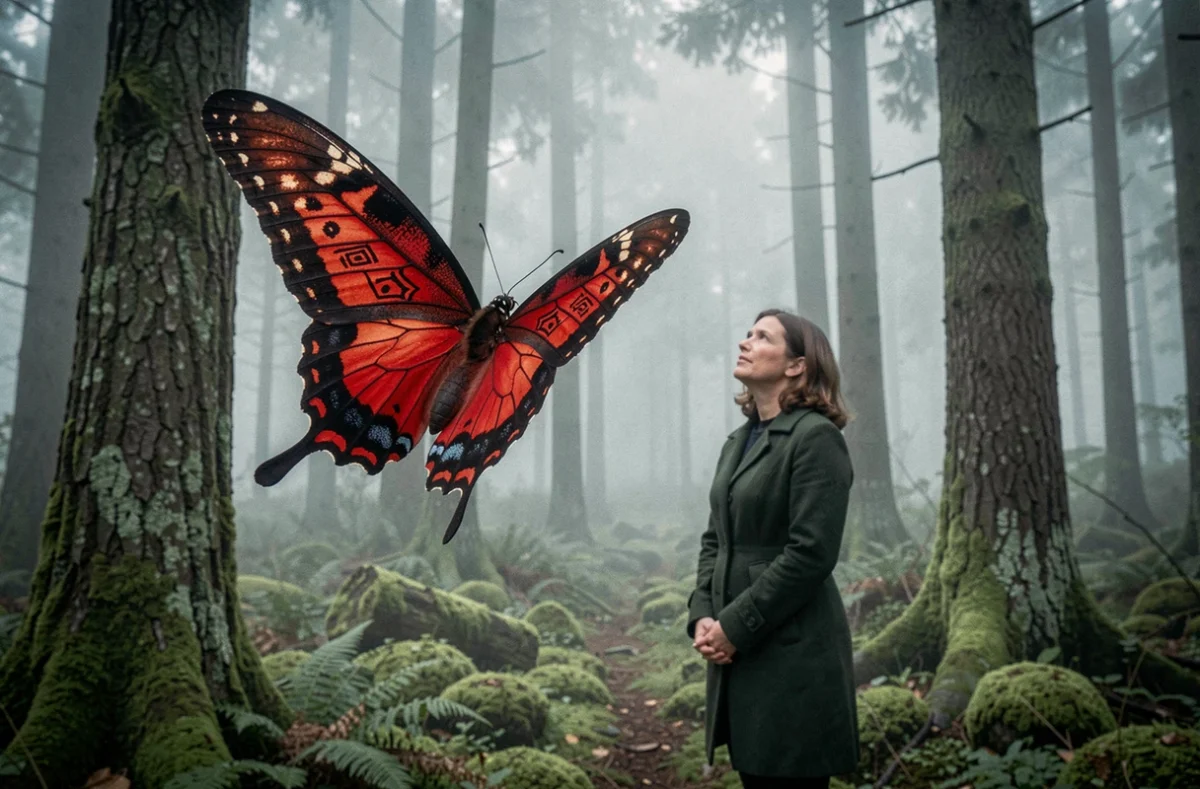 Papillon rouge et noir en vol dans une forêt brumeuse avec une femme contemplative en arrière-plan