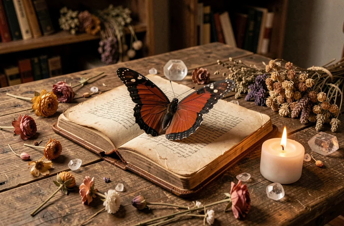 Papillon rouge et noir posé sur un journal ancien entouré de cristaux et fleurs séchées dans un espace bohème