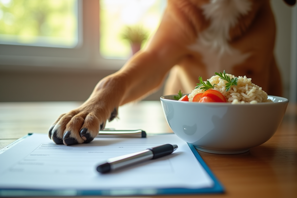Patte de chien touchant un clipboard avec riz et légumes