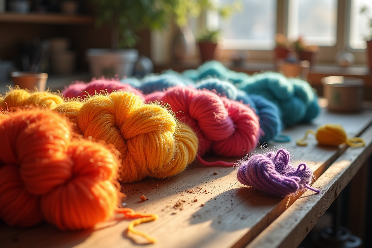 Pelotes de chenille coloriee dans un atelier lumineux
