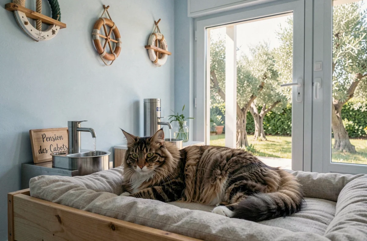 Un Maine Coon pelucheux dans une suite individuelle de la Pension des Cabots à Biot, avec jardin méditerranéen visible en arrière-plan