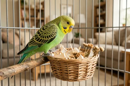 Perruche verte et jaune explorant un panier en jonc de mer fait maison dans une cage enrichie d'accessoires naturels