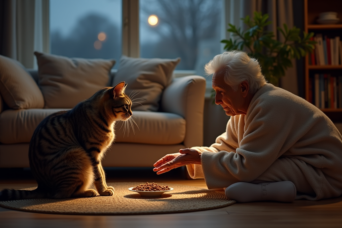 Personne âgée donnant des croquettes à un chat