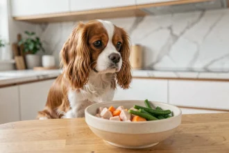 Petit chien Cavalier King Charles assis devant un bol de repas maison frais sur une table en bois dans une cuisine moderne
