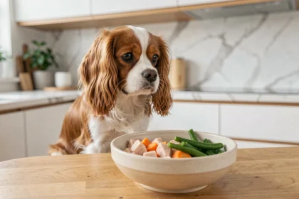Petit chien Cavalier King Charles assis devant un bol de repas maison frais sur une table en bois dans une cuisine moderne