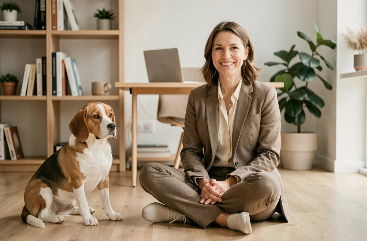 Une conseillère de Pettalk Services en consultation avec un beagle détendu dans un espace moderne en Gironde