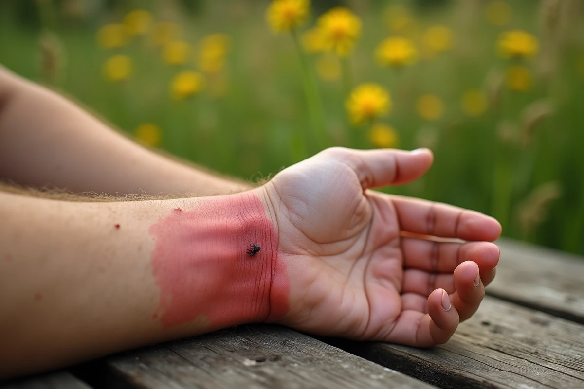 Réaction allergique sur un avant-bras humain après une piqûre d'insecte, illustrant les risques et dangers des insectes pour la santé