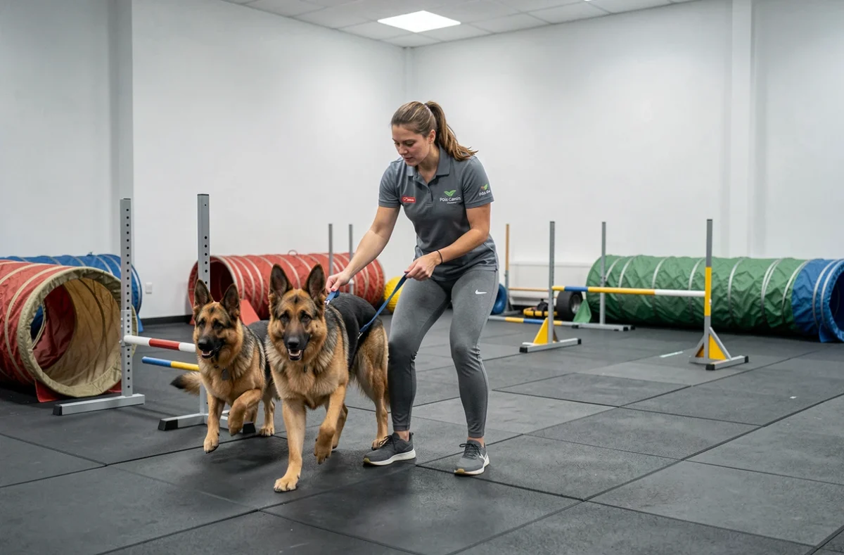 Une formatrice de Pole Canin dirigeant un berger allemand dans un centre d'éducation canine équipé en Gironde