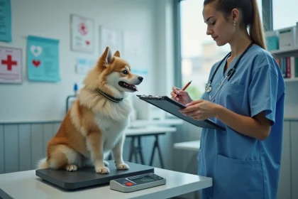 Pomsky sur la balance chez le vétérinaire