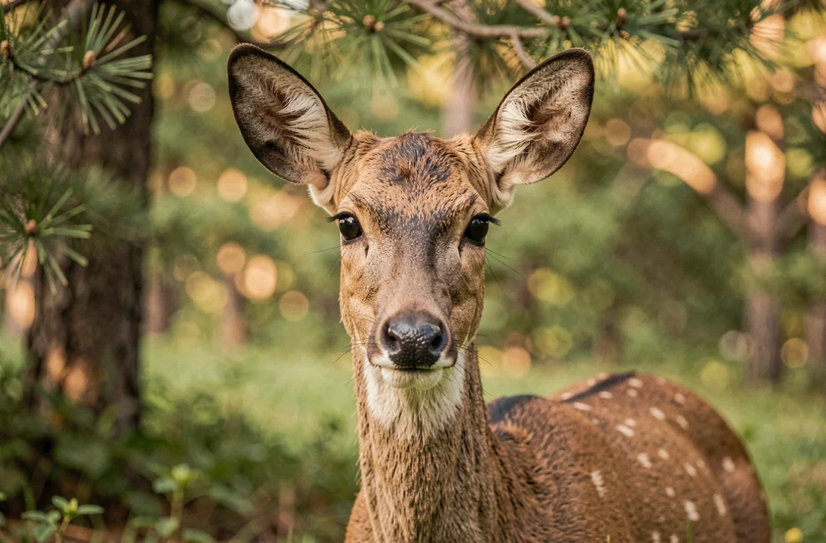 Portrait en gros plan d'un cerf sauvage aux yeux expressifs, évoquant la sagesse et le symbolisme spirituel animal