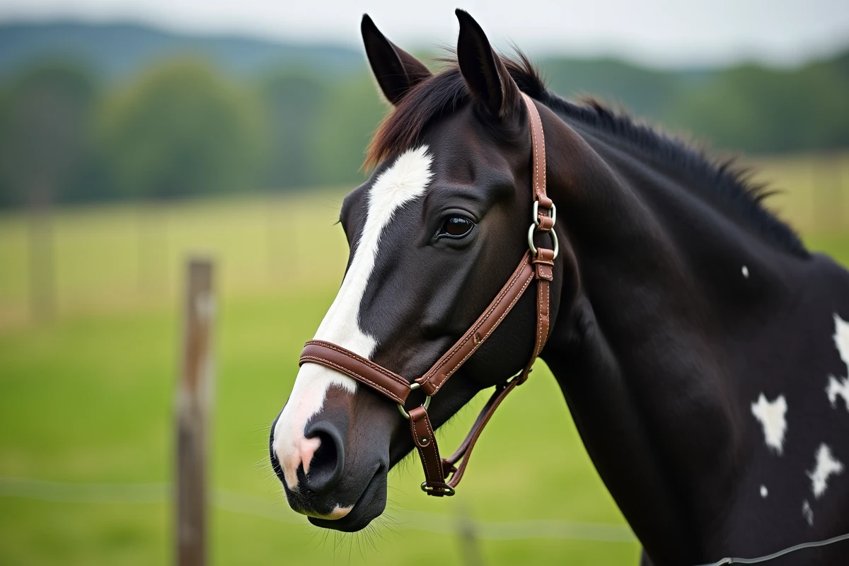 Portrait en gros plan d'un cheval Appaloosa avec un motif de robe tacheté dans un pré verdoyant, portant un licol en corde