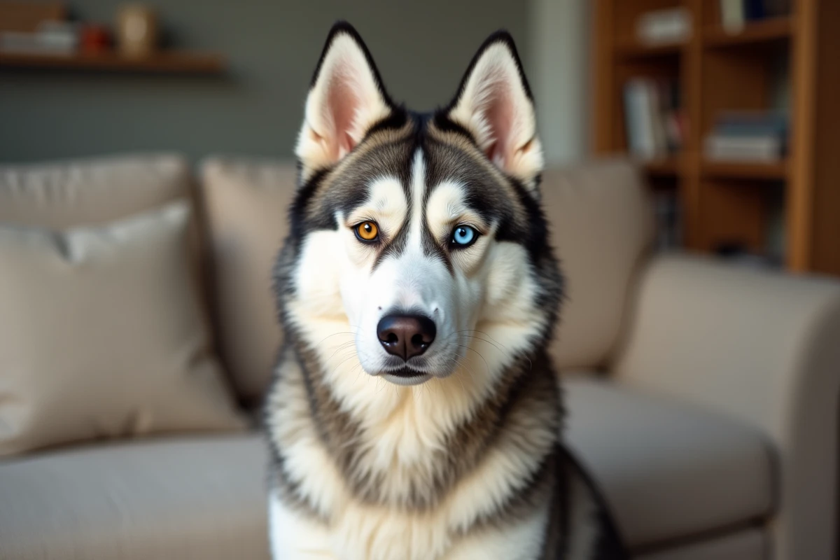 Portrait en gros plan d'un Husky de Sibérie aux yeux vairons après une séance de toilettage, fourrure bien entretenue