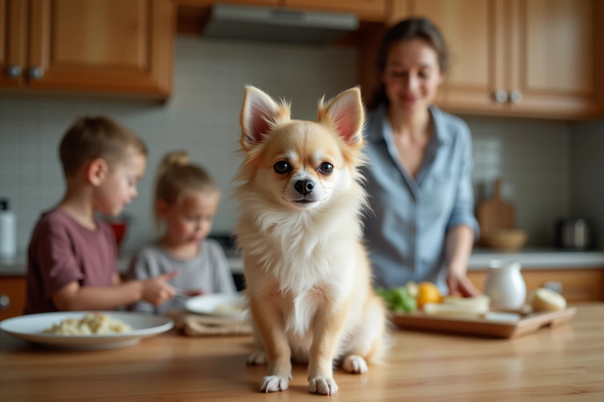 Portrait rapproché d'un spitz chiwawa dans une cuisine familiale avec mère et enfants en arrière-plan