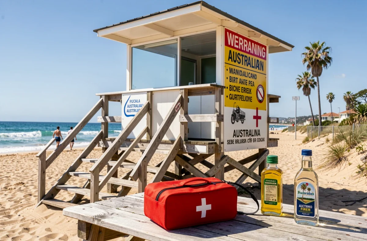 Poste de sauveteur sur une plage australienne avec trousse de secours et vinaigre