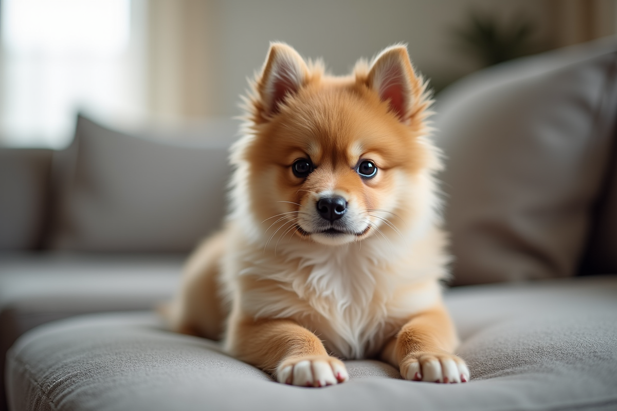 Jeune Spitz allemand en portrait intérieur sur canapé